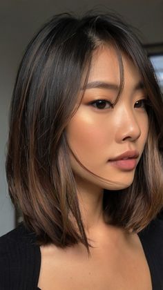 Best Hair Colour For Short Hair, Black Hair Balayage Short Hair, Layered Bob Balayage, Asian Short Hair With Highlights, Asian Short Hair Color Ideas, Short Shiny Hair, Layered Bob Hairstyles Asian, Long Bob Hairstyles Dark Hair, Fall Hair Colors For Brown Skin