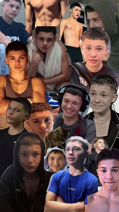 a collage of young men with different facial expressions and hairstyles, including one man's shirtless torso