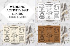 wedding activity mat for kids with double - sided cards and placemats on marble background