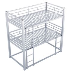 a white metal bunk bed with stairs on the bottom and bottom part missing from it