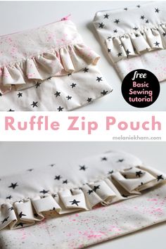 the ruffle zipper pouch is made from fabric and has black stars on it with pink sprinkles