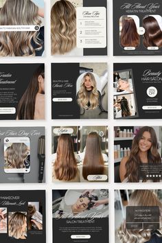 the hair salon website is displayed in multiple pictures, including blondes and dark brown hair