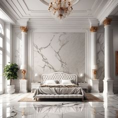 an elegant bedroom with marble walls and flooring