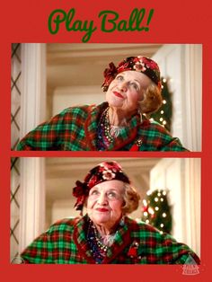 two pictures of an older woman in plaid clothes with christmas decorations on her head and the caption play ball