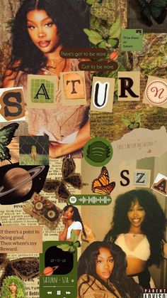 the collage is made up of different pictures and words, including an image of a woman's face