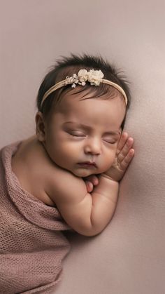 a baby is laying down with her head on her hands and wearing a pink wrap