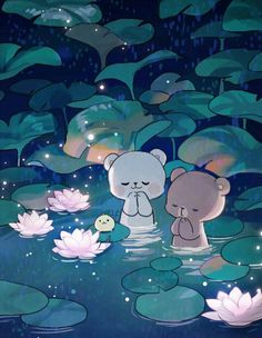 two teddy bears in the water surrounded by lily pads and lilies with stars above them