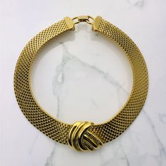 "Vintage 80s Anne Klein Modernist Style Box Chain Wide Gold Plated Choker Collar Necklace. Fantastic Vintage 80s Anne Klein 1\" Wide Box Chain Choker/Collar Necklace. Signature Anne Klein Style With Gorgeous Modernist Flair. 1\" Wide Box Chain Links With Modernist High Shine and Ribbed Design Centerpiece. Has Contrast Brushed Gold Fold Over Clasp Closure Hardware. A Classic Statement Necklace. 17\"X1\" UNSIGNED Preowned Vintage Condition. Has Lite Vintage Wear/Lite Surface Wear/Lite Scratches. H Formal Gold Necklace With Box Clasp, Gold Retro Necklace For Evening, Vintage Snake Chain Necklace For Formal Occasions, Retro Gold Chain Necklace For Formal Occasions, Gold Retro Chain Necklace For Formal Occasions, Real Gold Necklace, Choker Collar Necklace, Style Box, Heart Pendant Gold