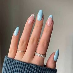 Fofosbeauty 24 pcs Almond Fake Nails, Medium Press on French Tip Nails, Almond Lakeside Blue Daisy - Walmart.com Unghie Sfumate, Smink Inspiration, Classy Nails, Nail Arts, Artificial Nails, Blue Nails, Nail Manicure, False Nails, Trendy Nails