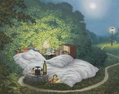 a painting of a bed in the middle of a lush green field with a lamp on it