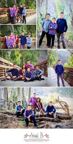 the family is posing for pictures in their purple and blue outfits, while they stand on a bridge