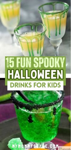 halloween drinks for kids with spooky green and yellow liquid in the glasses on top