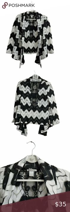 Alberto Makali Womens Cardigan Small White Black Lace Open Front 3/4 Sleeve Classy Chic, Office Casual, Travel Vacation, Business Travel, Womens Cardigan, Front Open, Black Lace, White Black, White And Black