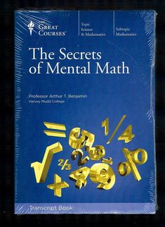 the secrets of mental math book with gold numbers and percentages on blue background, front cover