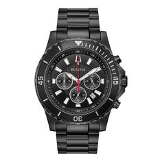 Sleek and sophisticated, this men's black stainless steel chronograph watch by Bulova is the perfect every day accessory. Sleek and sophisticated, this men's black stainless steel chronograph watch by Bulova is the perfect every day accessory. DISPLAY Dial color: matte black with red accented second hand Face cover material: sapphire-coated mineral crystal Luminescence: hands & hour markersCASE Material: stainless steel Diameter: 44 mmBAND Material: stainless steel Type: link bracelet Clasp: fol Modern Black Stainless Steel Chronograph Watch, Black Timeless Chronograph Watch For Business, Timeless Black Chronograph Watch For Business, Modern Black Chronograph Watch For Business, Classic Black Chronograph Watch With Subdials, Black Stainless Steel Automatic Watch, Formal Matte Black Chronograph Watch Accessories, Formal Black Chronograph Watch With Round Dial, Matte Black Chronograph Watch For Formal Occasions