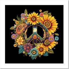 a peace sign with sunflowers and other flowers around it on a black background