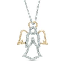 Treat your special angel to one of her own with this charming fashion pendant. Created in sleek sterling silver, this open-worked angel is completely outlined with shimmering diamond accents. Her 14K gold wings and halo are colorful touches. A look she'll treasure, this angel flies freely along an 18.0-inch box chain that secures with a spring-ring clasp. Wings And Halo, Angel Jewelry, Angel Pendant, Fashion Pendant, Peoples Jewellers, Box Chain, Spring Rings, Halo, Diamond Necklace