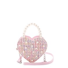 front view of a heart-shaped tweed pearl top handle crossbody bag Trendy Pink Bag With Pearl Handle, Trendy Pink Shoulder Bag With Pearl Handle, Trendy Heart-shaped Bag For Spring, Trendy Heart-shaped Spring Bag, Pink Shoulder Bag With Pearl Handle, Pink Shoulder Bag With Pearl Handle For Fashion, Feminine Pink Bag With Pearl Handle, Feminine Pink Bags With Pearl Handle, Pearl Top