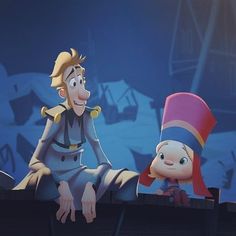 a cartoon character sitting on top of a wooden bench next to another character wearing a hat