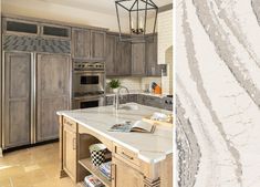 a kitchen with marble counter tops and wooden cabinets