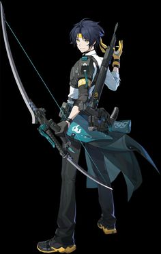 an anime character holding a bow and arrow with one hand on his hip, while the other