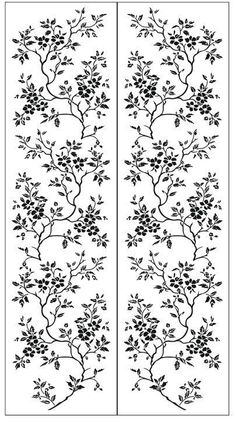 two panels with black flowers and leaves on them, each panel has an intricate design