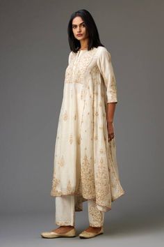 Buy Off White Kurta And Dupatta Cotton Chanderi Sequin A-line Set For Women by Kora Online at Aza Fashions. Ivory Anarkali, Kurta And Dupatta, White Kurta, A Line Kurta, Indian Fashion Designers, Long Jacket, Fashion App, Embroidered Jacket, Kurta Set