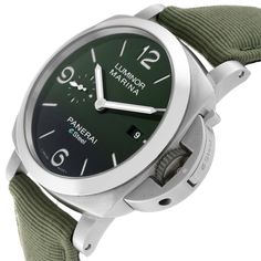 Panerai Luminor Marina Verde Smeraldo Steel Mens Watch PAM01356 Box Card. Automatic self-winding movement. Glucydur? balance, 28,800 alternations/hour. Incabloc? anti-shock device. Power reserve 3 days, two barrels. 200 components. eSteel? cushion case 44mm in diameter. Panerai patented crown protector and green rubberized crown. eSteel? smooth bezel. Scratch resistant sapphire crystal. Green dial with luminous hands and baton hour markers. Luminous Arabic numerals at 6, 9, and 12 o'clock positi Luxury Green Watch With Analog Display, Luxury Green Chronograph Watch With Analog Display, Modern Green Watch Accessories With Chronometer, Luxury Green Automatic Chronograph Watch, Designer Green Watches For Formal Occasions, Luxury Green Automatic Watch, Cartier Roadster, Panerai Luminor Marina, Luminor Marina