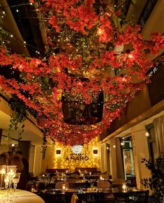 an indoor dining area decorated with red flowers and greenery hanging from the ceiling over tables