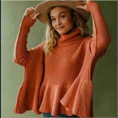 Nwt Free People Turtleneck Sweater In The Rose Icing Color! So Flowy And Soft, It Says Xs But Because Of Its Style, It Can Fit S And M. Rose Icing, Rusty Rose, Free People Cardigan, Peplum Sweater, Ribbed Turtleneck Sweater, Tomboy Outfits, Peplum Styles, Open Knit Sweater, Ribbed Turtleneck