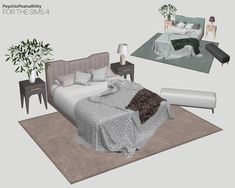 a bed room with a neatly made bed next to a plant on a rug and two tables