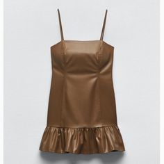 Size Medium(A Little Big On Me) So Cute Though Also Can Be Worn With A White Button Up Under It! Ships Same Day Brown Faux Leather Dress, Zara Slip Dress, Zara Printed Dress, Zara Black Dress, Spaghetti Strap Bodycon Dress, Faux Leather Dress, Denim Mini Dress, Mini Velvet Dress, Knit Mini Dress