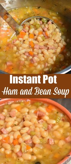 instant pot ham and bean soup in an orange bowl with a ladle on the side