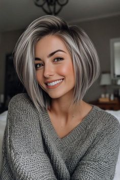 Best Hair Color For Grey Hair, Haircut For Medium Hair For Women, Angles Bob Medium, Feminine Medium Hair, Babylights Medium Length, Layered Crop Haircut, Stacked Bob For Thick Hair, Best Hair Color For Graying Hair, Aysemetrical Hair Bob