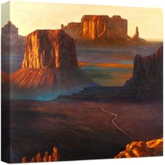 an oil painting of mountains in the desert with fog and sun coming down on them