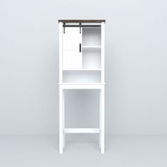 a tall white shelf with a door on top