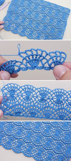 crocheted lace is being worked on with scissors