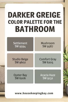 Darker Greige Color Palette for the Bathroom Beige Tile Bathroom Color Schemes, Grey Beige Color Palette, Gray And Beige Bathroom, Taupe Bathroom Ideas, Greige Color Palette, Grey And Beige Bathroom, Greige Bathroom Ideas, Acacia Haze, Beige Tile Bathroom