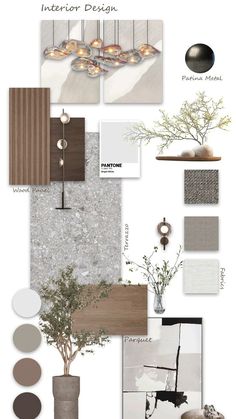 the interior design board is shown with different colors and textures, including white, brown, gray