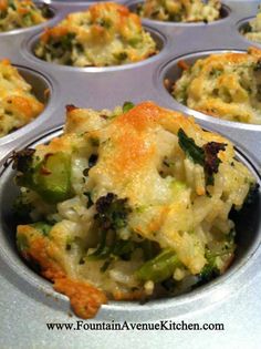 a muffin tin filled with broccoli and cheese