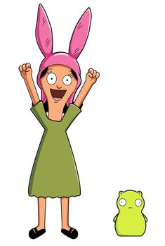 a cartoon girl with bunny ears standing in front of a green frog and holding her hands up