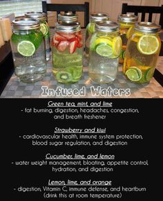 Infused waters: Here are their benefits to help with detoxification, energy, and hydration. Put as much fruit in water as you like, and let the water sit for at least 30 minutes before drinking. Do not keep longer than 48 hours. You can put more water using the same fruit, but discard after 48 hours. Nutrition Sportive, Healthy Water, Healthy Drinks Recipes