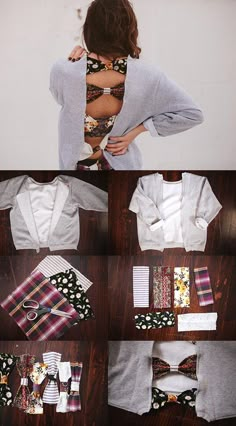 the woman is showing off her shirt and bow tie for the photo shoot in front of the camera