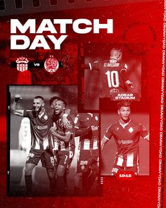 an advertisement for the match day with soccer players in red and black colors on a red background