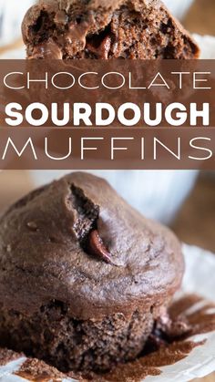 chocolate sourdough muffins on a plate with text overlay