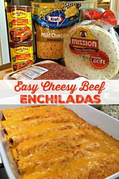 an easy cheesy beef enchiladas recipe in a white casserole dish