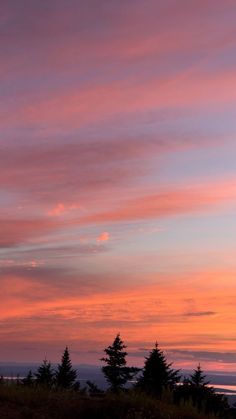 the sky is pink and purple as the sun sets in the distance behind some trees