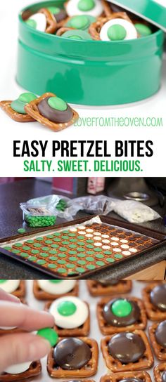 an easy pretzel bites recipe with green and white candies in the middle