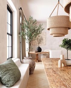 a living room filled with furniture and a wooden table next to a large potted plant