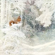 a red squirrel sitting on top of a snow covered tree